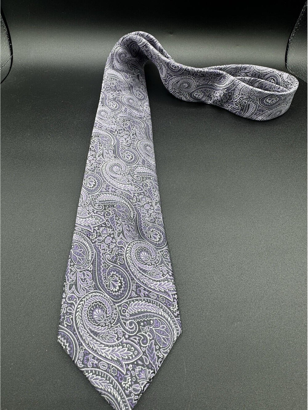 Chaps Silk Tie Purple Black Silver Paisley Handmade 58x3.25 - Picture 1 of 5